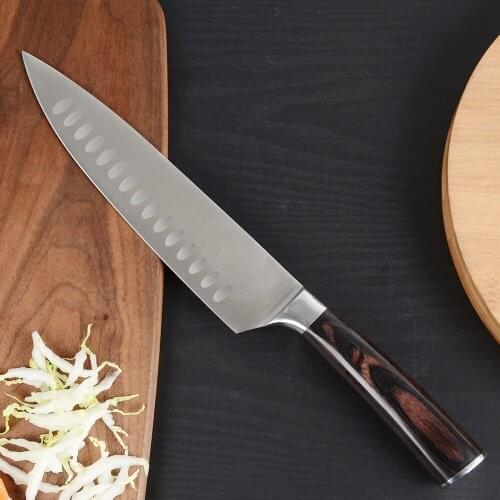 Home use stainless steel 8 "chefs knife cooking knife kitchen slicing knife with concave point dark brown color wooden handle