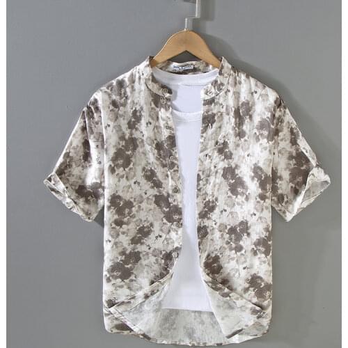 100% Linen new style short sleeve printing casual shirt men fashion comfortable shirts for men tops mens clothes camisa chemise