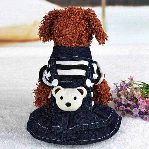 Dog Striped Bear Dress Button Design For Small Dogs Soft Jean Clothes Puppy T-shirt Princess Dresses Pet Yorkie Cute Apparel