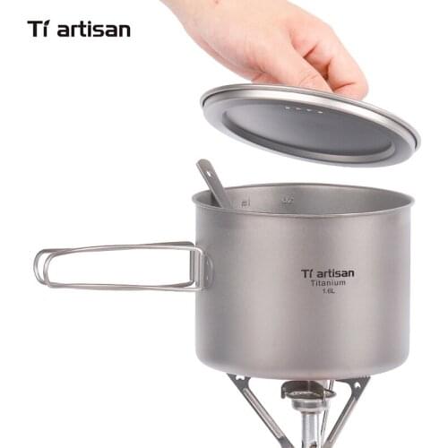Tiartisan Outdoor Titanium 1600ml/1100ml Pot Backpacking Camping Cookware Picnic Camp Cooking Pot with Bail Handle or not