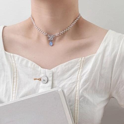 U-Magical Charming Rhinestone Butterfly Chokers Necklace for Women Double-Layer Imitation Pearl Waterdrop Necklace Jewellery