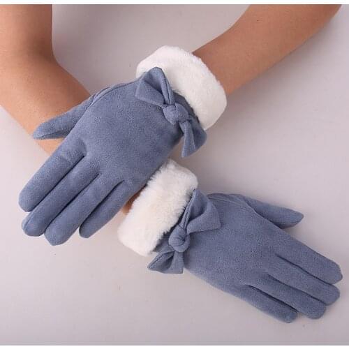 Suede gloves womens autumn and winter new cycling Arctic Velvet Touch Screen bow gloves fur mouth warm gloves