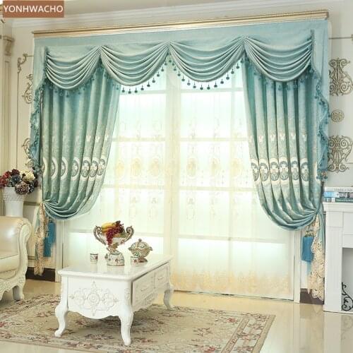 Custom curtains European luxury bedroom Chenille embroidered water-soluble blue cloth blackout curtain valance tulle drape C861
