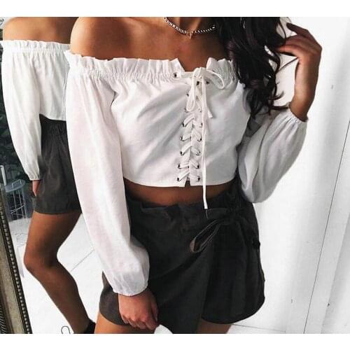 Ladies Sexy Slim Off Shoulder Long Sleeve Blouses slare neck Autumn White Off Shoulder Solid Sexy Bandage Short Top Blouse