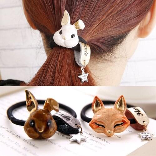 2018 Fashion Hair Jewelry New Korean Black Elastic Leather Star Pendant Rabbit Fox Cat Hair Rope Women Wedding Hair Accessories