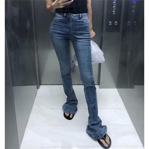 Spring summer new style street fashion solid color micro-flare horseshoe jeans for women, high-waist stretch-legged casual jeans