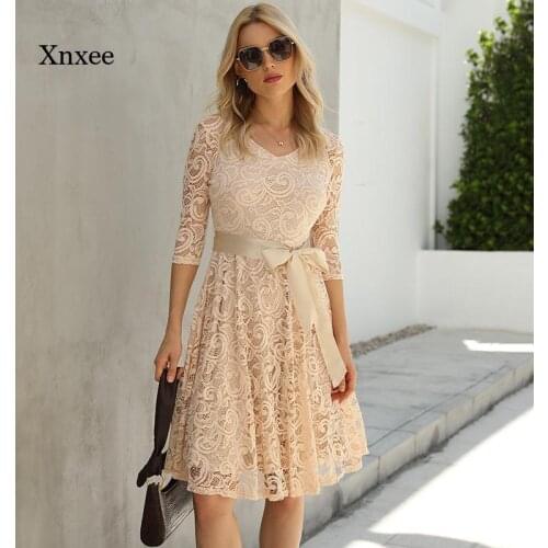 2021 Womens Elegant Fashion Summer Khaki Dress Pure Half Sleeve V-Neck Lace Long Dress Robe Womens