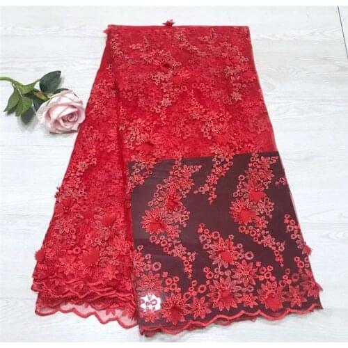 100% Polyester Red African Lace Fabric, 3D Flower Applique Lace for Wedding, Bridal Dress Tulle Lace Fabric With Beaded