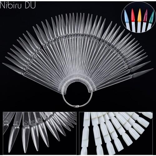 40/50 Pcs Nail Color Card False Pointed Three Sections Tips Buckle Ring Fan Transparent Natural Nails Art Practice Display Tools
