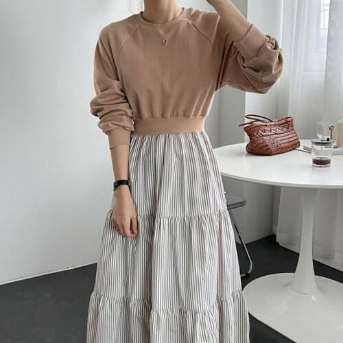 One-Piece Korean Spring Autumn Dresses 2021 Niche Elegant Round Neck Pullover Loose Sweater Stitching Striped Long Casual Dress