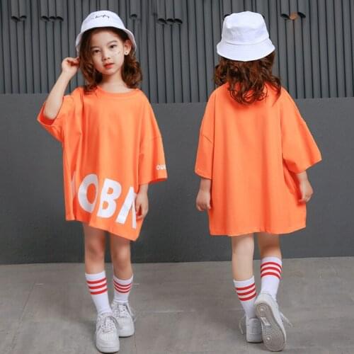 Children Hip Hop Loose T Shirt for Girls Costumes Dance Clothes Cotton Long Tops Casual Clothing Ballroom Jazz Dance Costume