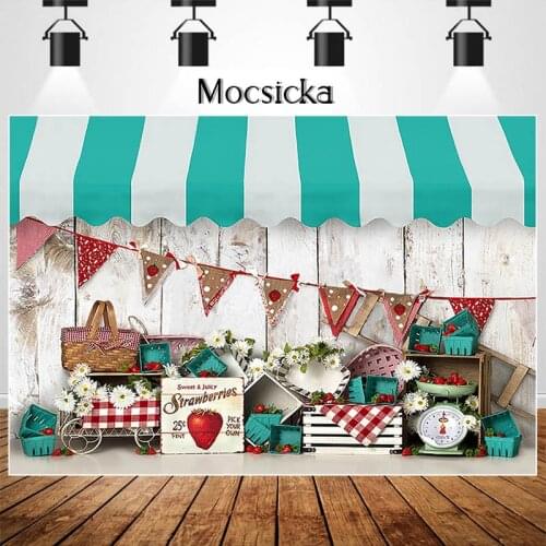 Strawberry Market Children Birthday Cake Smash Photography Studio Photo Background Flowers Decoration Backdrops for Photography