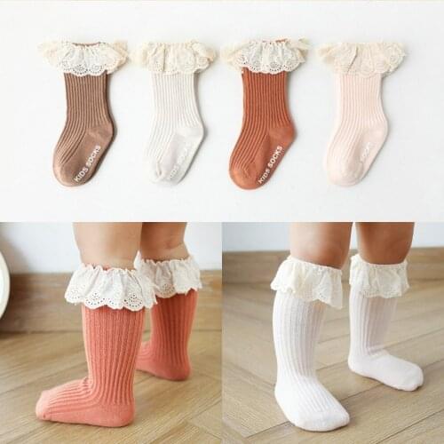 Toddler Infant Baby Girls Knee High Socks with Grips Ruffled Lace Patchwork Ribbed Knit Solid Color Non-Skid Cotton Long 900C