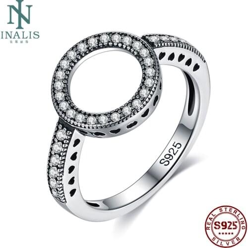 INALIS Hollow Love Genuine 925 Sterling Silver Round Rings For Women 5A Clear Cubic Zirconia Ring Fine Jewelry Anniversary Gift