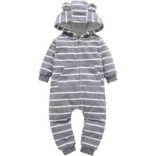 Autumn Winter Newborn Infant Baby Clothes Fleece Jumpsuit Boys Romper Hooded Jumpsuits Stripe Onesie Baby Bebe Menino Macacao