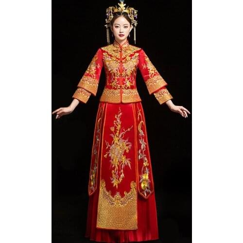 Red bride cheongsam S-6XL Vintage chinese style wedding evening dress Embroidery Phoenix Qipao clothing Vestidos Plus Size