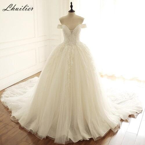 Lhuilier Womens A-Line Shiny V-Neck Lace Wedding Dresses 2020 Crystal Beaded Off the Shoulder Floor Length Bridal Gowns