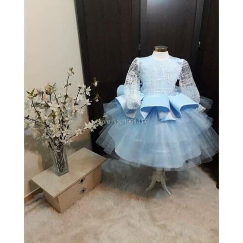 New Blue Baby Girls Dresses with Lace Long Sleeve Princess Birthday Dress Pageant Party Gown Big Bow
