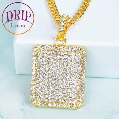 Gold Color Square Dog Tag Necklace Men Pendant Full Iced Rhinestone With Cuban Chain Hip Hop Jewelry