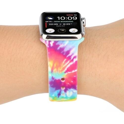 Tie-Dye Printing Ladies Smart Watch Strap For Apple Watch 38 40 42 44mm For Iwatch 1 2 3 4 Se Silicone Color Printing Strap