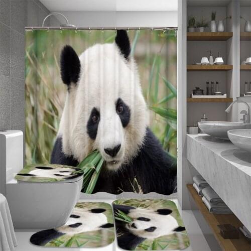 Lovely Panda Bamboo Bathroom Decor 180*180cm Waterproof Shower Curtain Non Slip Toilet Cover Rugs Mat Bath Set with 12pcs Hooks