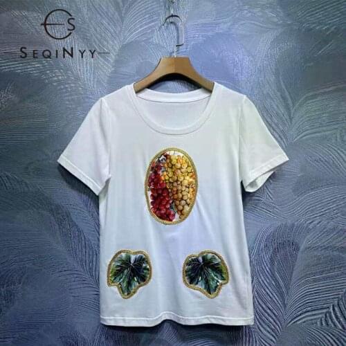 SEQINYY Cotton T Shirt Summer Spring New Fashion Design Women Runway High Quality Grapes Leaf Print Appliques