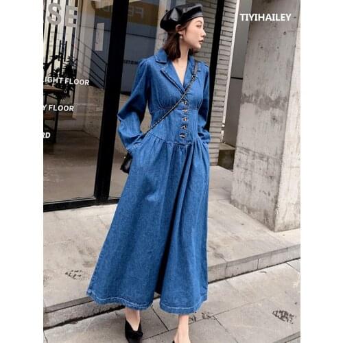 TIYIHAILEY Free Shipping High Quality Fashion Plus Size S-XL Women Long Mid-calf Denim Spring And Autumn Dresses Long Sleeve