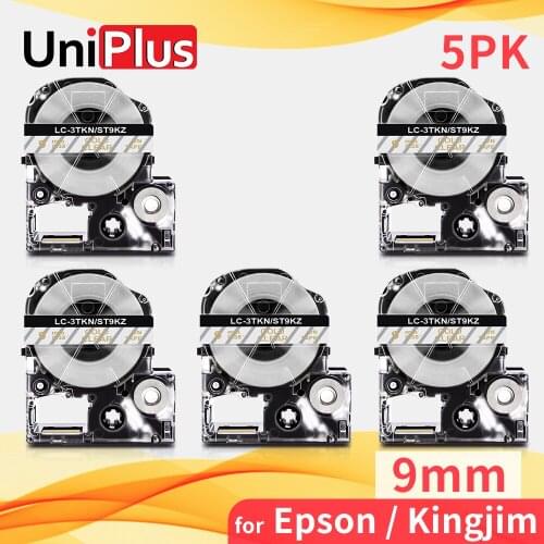 UniPlus 5PK Replacement Label Cassette Epson Label Tape 9mm*8m Gold on Clear ST9KZ for Kingjim Epson Label Maker SR370 SR40 370