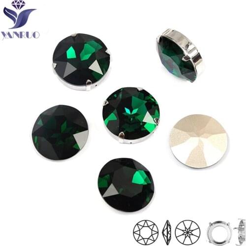 YANRUO 1201 Round 27mm Emerald Sewing Craft Gems Claw Glass Crystal Stones Sewd Strass Stones For Dress Shoes