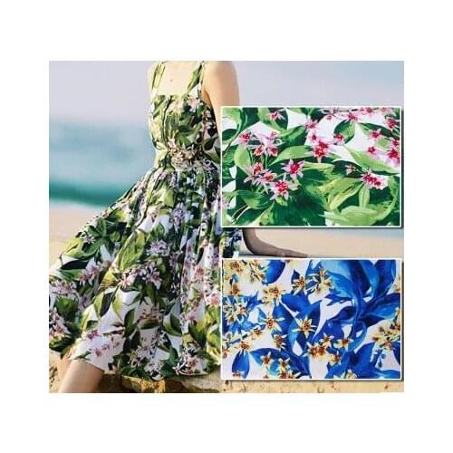 YY DIY So Pretty Green & Blue Leaf Flower Printed Cotton Spandex Fabric 50x140cm