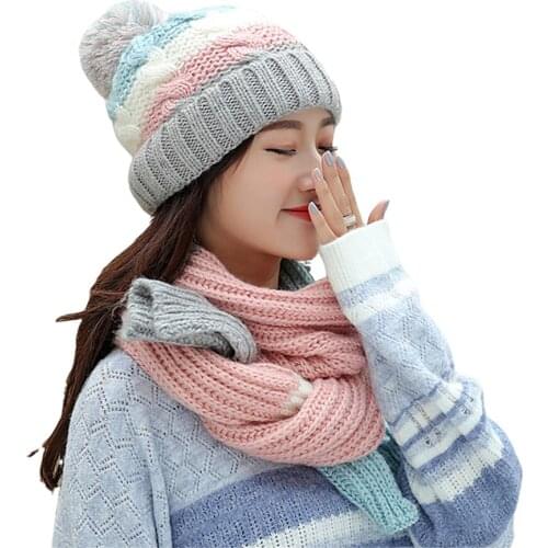 Two-piece Winter Knit Hat ScarfWomen Velvet Beanies Cap Lady Warm Wool Ball Caps Sweet Cute knitted Earmuffs Hats Female
