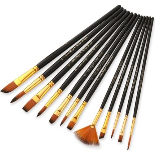 12pcs Nylon Hair Wooden Handle Watercolor Paint Brush Set DIY Oil Paint Brushes Pen For Painting Wooden Handle Paint Brush
