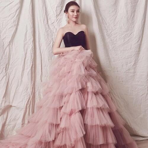 2020 New Bean Pink Tiered Ruched Wedding Dresses Ruffles Puffy A-Line Wedding Gowns vestido de novia WD30652
