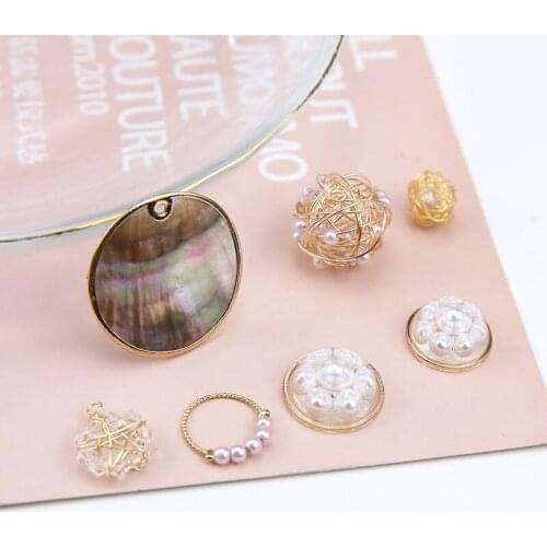 6pcs Vintage Copper Plated Earings Gold Studded Pearl Black Shell Round Crystal Earings For Women elegant Diy Jewelry Making