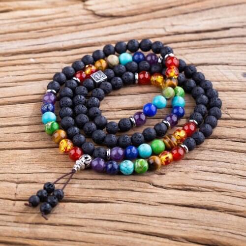 8mm Volcanic Stone Seven Chakras Hand Strings Buddhist Beads Necklace Meditation Heart Bracelet