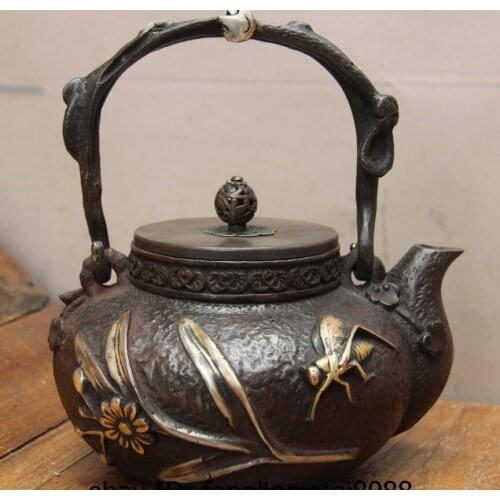 Archaic Japanese Iron Silver Gilt Grasshopper Insect Flagon Kettle Wine Tea Pot
