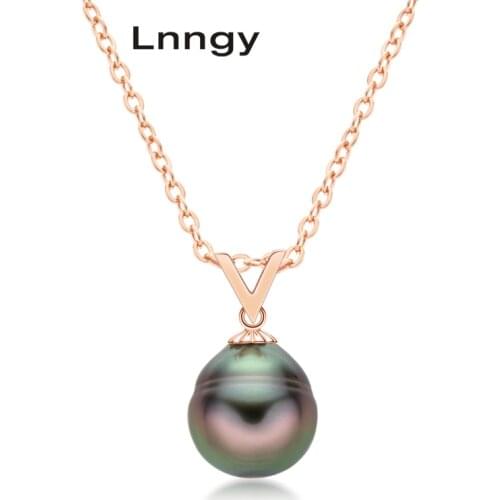 Lnngy 18K Solid Gold Necklace 8-9mm Tahitian Spiral Black Pearl Semi-baroque Necklace Women Engagement Gifts with Silver chain