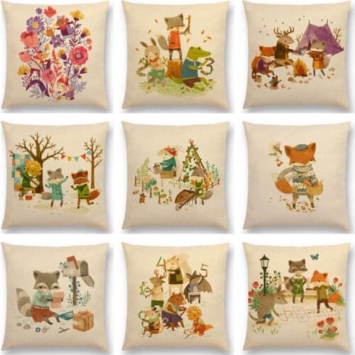 Forest Animals Happy Daily Life Squirrel Fox Deer Good Friends Party Fairy Cartoon Tales Cushion Cover Sofa Throw Pillow Case