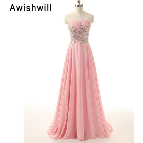Customized Pink Long Evening Dresses with Sweetheart Neckline 2020 Beaded Chiffon Lace Up Back New Arrival Prom Party Gowns