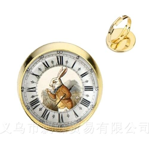 Alice in Wonderland Rings Handmade Classic 16mm Glass Cabochon Golder Plated 2 Color Adjustable Ring For Women