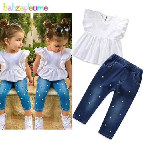 2Piece 2019 New Kids Wear Summer Baby Outfits For Toddler Girls Clothes Fashion White T-shirt+Jeans Children Clothing Set BC1826