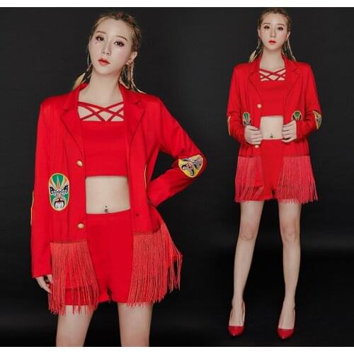 Red Suit Nightclub Bar Female Singer Ds Costumes Sexy Adult Jazz Dance Costume New Year Party Performance Clothes 3 Pcs DWY4063