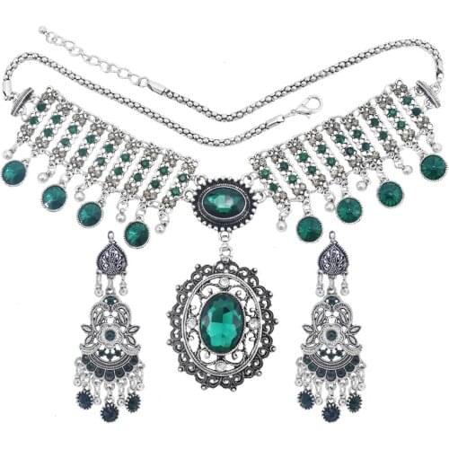 Fashion Silver Color Jewelry Set Vintage Green Black Stone Necklaces Earring African Jewelry Sets for Women Women Bohemian Jewel