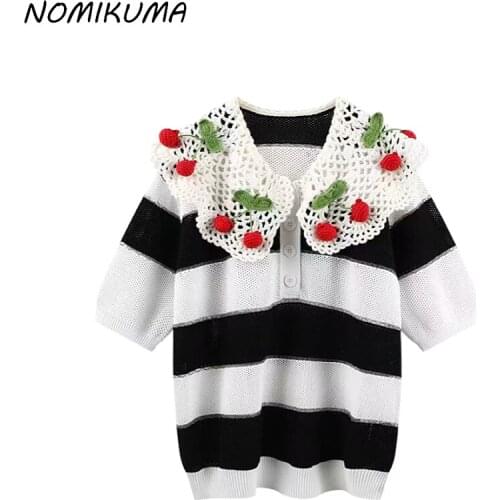 Nomikuma Sweet Cherry Hollow-out Peter Pan Collar Knitwear Korean Short Sleeve Striped Sweaters 2021 Autumn New Knit Tops 6L653