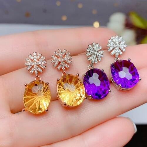 Snowflake charming yellow citrine or purple amethyst stud earrings silver earrings birthday party gift natural gem earring