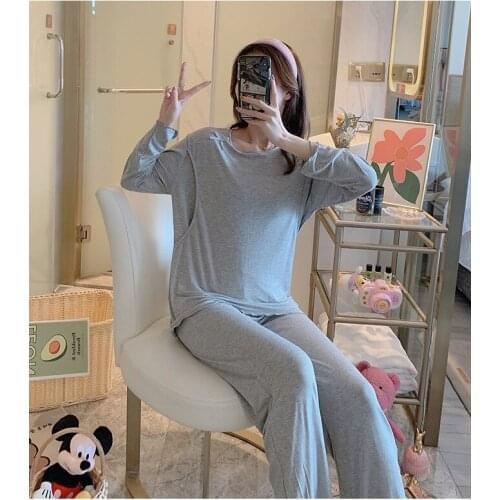 Maternity wear new solid color summer modal confinement dress large size thin long-sleeved nursing pajamas