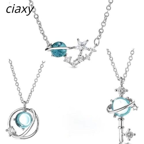 CIAXY 925 Sterling Silver Planet Necklace Chains for Jewelry Women Blue Circle Cosmic Aurora Clavicle Inlaid Zircon Necklaces