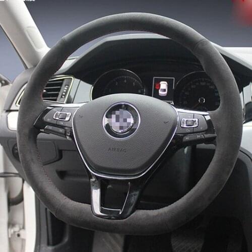 For VOLKSWAGEN Lamando High Quality Hand-stitched Anti-Slip Black Leather Red Thread DIY Steering Wheel Cover