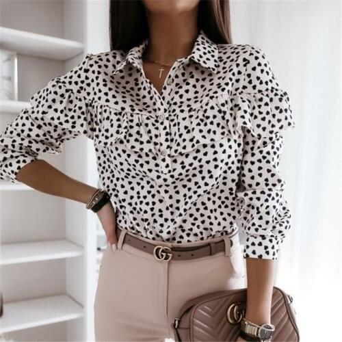 New Women Polka Dot Print Shirt Loose V neck Tops Ladies Casual Ruffles Long Sleeve Autumn Office Work Shirts Tops Women Female