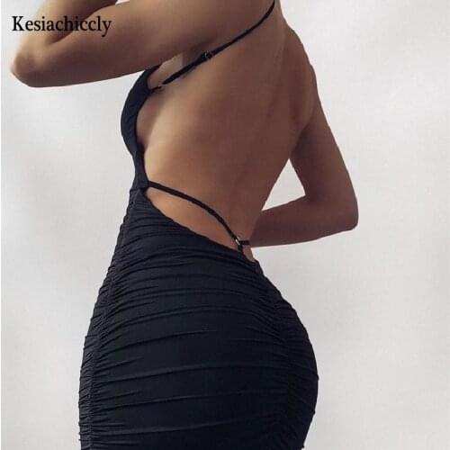 Kesiachiccly Sexy Ruched Spaghetti Strap Dresses Women Backless V Neck Bodycon Black Mini Dress Female Club Party Wear Vestidos